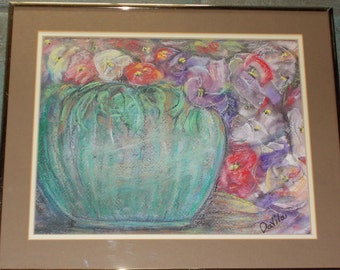 Origina Aqua Delight  painting in watercolor and pastels signed and framed  by Texas Artist Davila