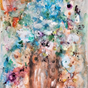 Royal Blue Floral impressionistic watercolor painting by Texas artist Davila signed 11x15 inches