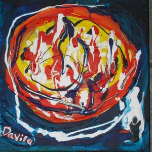 Original Tribal impasto acrylic abstract painting hand painted by Texas Artist Davila, size is 12x12 inches