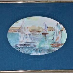 Original Day of Sailing impressionistic watercolor painting by Freelance Texas Artist Davila signed matted and framed