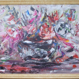 Original &quot;Merriot Roses&quot; impressionistic floral acrylic paint hand painted by Texas Artist Davila, signed art 16x20 frame 18x22