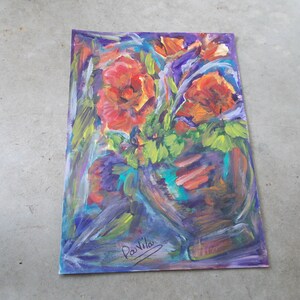 Original Vibrant Poppies in tilted vase mixed media watercolor and acrylic by Texas Artist Davila, signed. Size is 11x15 image 6