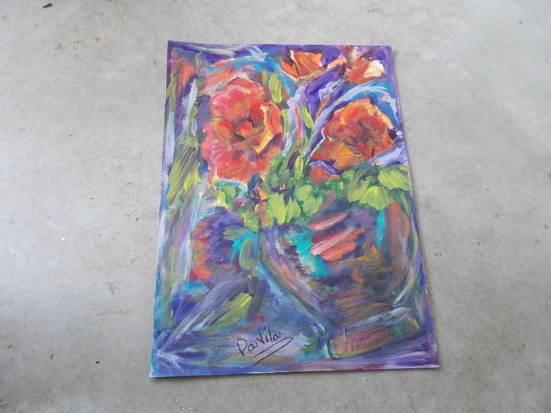 Original Vibrant Poppies in tilted vase mixed media watercolor and acrylic by Texas Artist Davila, signed. Size is 11x15 image 6