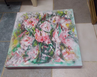 Original "Pink Chiffon Floral" impressionistic acrylic painting by Texas Artist Davila, 18"x18"x1.5"