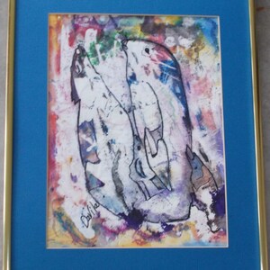 May include: A framed watercolor painting of three abstract fish in a colorful background. The painting is signed "Davila" in the lower left corner.
