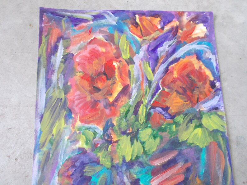 Original Vibrant Poppies in tilted vase mixed media watercolor and acrylic by Texas Artist Davila, signed. Size is 11x15 image 4