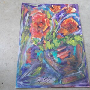 Original Vibrant Poppies in tilted vase mixed media watercolor and acrylic by Texas Artist Davila, signed. Size is 11x15 image 3