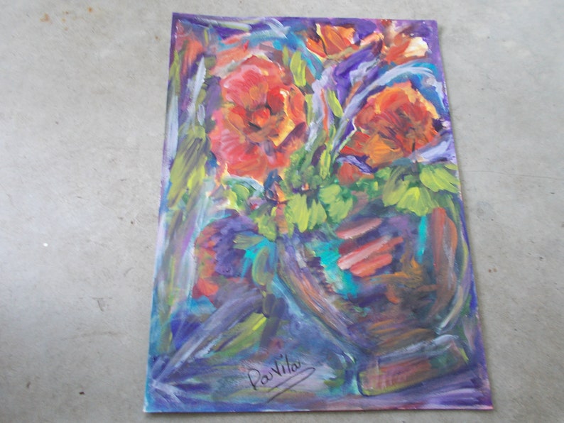 Original Vibrant Poppies in tilted vase mixed media watercolor and acrylic by Texas Artist Davila, signed. Size is 11x15 image 3