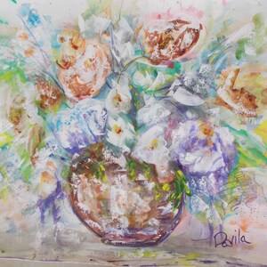Original Italian Mandolin Floral impressionistic watercolor painting hand painted by US artist signed size 18x24 inches, Free Shipping!
