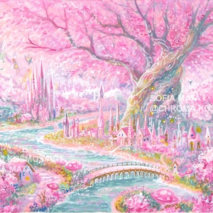 May include: A whimsical painting of a fairy tale landscape in shades of pink and light blue. A river flows through a town with castles and a bridge. Fairies and butterflies are scattered throughout the scene. The artist's name is visible.