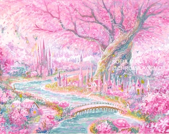 May include: A whimsical painting of a fairy tale landscape in shades of pink and light blue. A river flows through a town with castles and a bridge. Fairies and butterflies are scattered throughout the scene. The artist's name is visible.