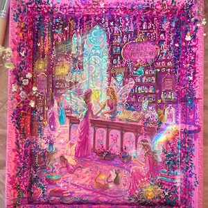 May include: A framed painting in shades of pink and purple depicting a fairy apothecary shop. The scene features winged figures, shelves filled with bottles, and a sign reading Fairy Apothecary. The frame is decorated with painted vines and flowers.