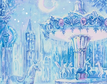 May include: A whimsical watercolor painting of a carousel with unicorn figures, set in a dreamy, snow-covered landscape. The artwork features a crescent moon, stars, and a castle in shades of blue and purple.
