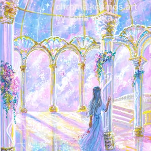 May include: An ethereal painting of a grand hall with arched columns, a domed ceiling, and a woman in a flowing gown. The artwork features pastel colors, floral accents, and the text "chroma.kosmos.art by sofia".