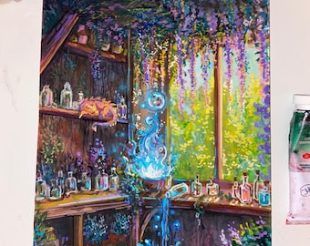May include: An original painting of a mystical scene with a dragon, bottles, and a blue flame. The artwork features a wooden shelf filled with glass bottles, a dragon, and a vibrant blue flame pouring into a pot. The colour palette includes shades of purple, blue, and green.