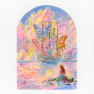 May include: A whimsical painting of a ship with butterfly sails sailing on a pastel ocean. A mermaid sits on a rock, gazing at the ship. The sky is filled with colorful clouds and butterflies. The artwork is signed "Sofia".