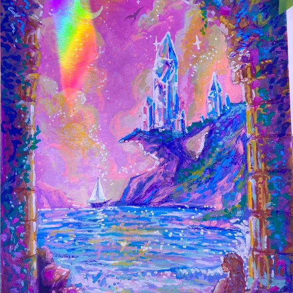 May include: A vibrant painting depicting a mermaid sitting on a shore looking towards a distant sailboat and a cliffside crystal castle. The scene is framed by stone arches under a pink and purple sky with a glowing crescent moon and rainbow light.