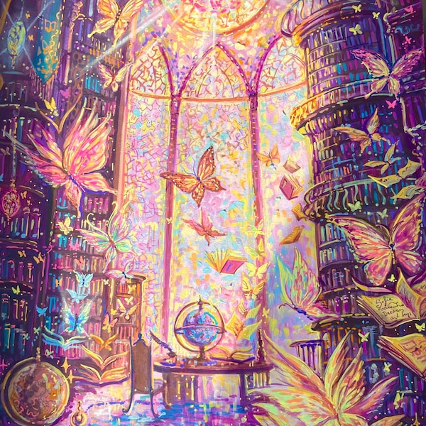 May include: A colourful painting of a library scene, featuring butterflies, books, and a stained-glass window. The artwork depicts bookshelves, a globe, and open books, creating a warm and inviting atmosphere. The painting's focus is on fantasy and imagination.