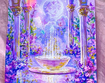 May include: A vibrant painting depicts a fountain scene with a rainbow, arches, and columns. The artwork features a fountain with water cascading into a bowl, surrounded by purple flowers and butterflies. The color palette includes shades of purple, pink, and gold.
