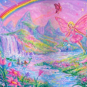 May include: A colourful painting depicting a fantasy scene with a rainbow, waterfall, and a fairy. The fairy, in a pink dress and wings, is flying with a small blue creature. Pink flowers and mountains fill the scene, creating a whimsical artwork.