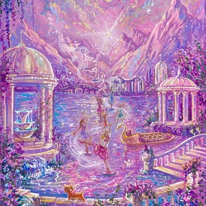 May include: A vibrant painting depicts a dreamlike landscape with dancers, mountains, and water. The artwork features a color palette of purples, pinks, and blues. A golden swan floats on the water, and a small orange cat stands on a stone path. The artist's signature is in the bottom right corner.