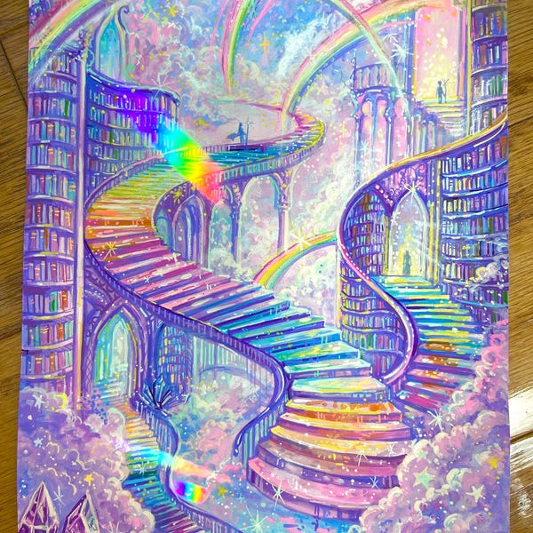 May include: A colourful fantasy art print depicting a whimsical library with rainbow staircases and arches. The artwork showcases a dreamy landscape with pastel colours, rainbows, and celestial elements, creating a magical atmosphere.
