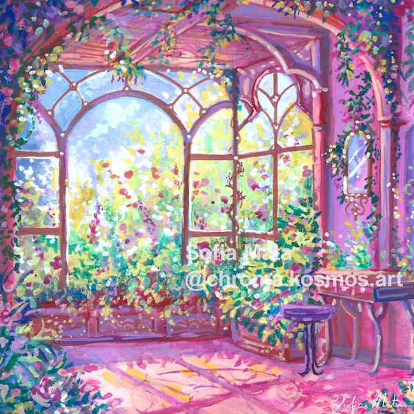May include: A colourful painting depicting a room with arched windows looking out onto a garden. The room is painted in pinks and purples, with climbing plants and floral details. The artist's signature and social media handle are visible.