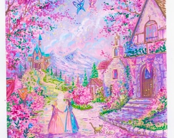 Può includere: Un dipinto vibrante raffigura una scena da favola con due figure in abiti che camminano su un sentiero acciottolato. Le tonalità rosa e viola dominano l'opera d'arte, con alberi in fiore, edifici e farfalle. Un castello e montagne sono visibili sullo sfondo.