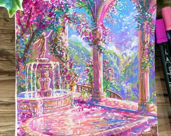 May include: A vibrant painting depicts a classical garden scene with a fountain, archways, and lush pink and purple foliage. The artwork showcases a serene landscape with a statue and a view of mountains.
