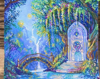 May include: A colourful painting of a fantasy scene featuring a bridge over a blue river leading to an ornate archway. The artwork is filled with trees and flowers in shades of blue, green, and yellow. A waterfall and a glowing light enhance the magical feel.