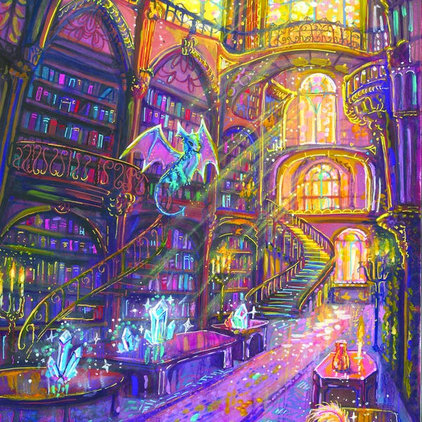 May include: A vibrant, colourful painting of a multi-storey library interior featuring arched windows, tall bookshelves, a winding staircase, and a small dragon flying in the centre. Glowing crystals sit on tables, and an open book with a quill is in the foreground.