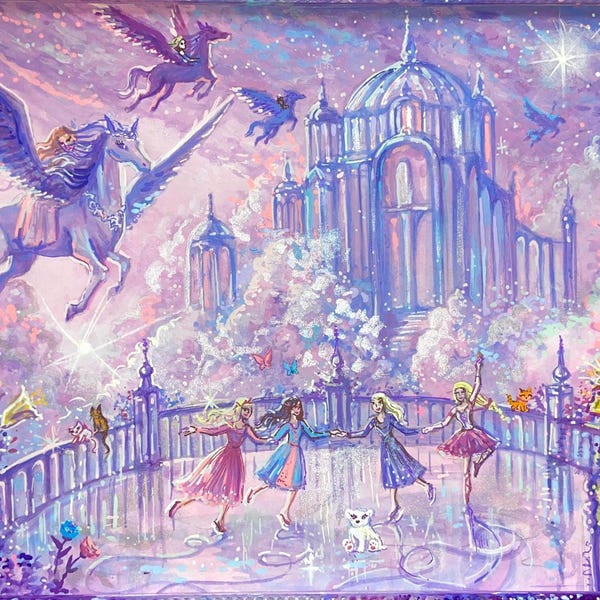 May include: A fantasy painting shows a castle, winged horses, and dancing figures in a dreamlike scene. The artwork uses a palette of purples, blues, and pinks, creating an ethereal atmosphere. The painting is framed, with a focus on the magical elements.