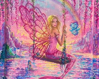 May include: A vibrant painting featuring a blonde fairy with large pink wings sitting on a swing suspended over a pink and blue water landscape. A small blue creature floats nearby, a mermaid swims in the water, and a rainbow arches across the sky.