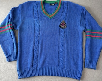 Maglione vintage FOX a trecce da uomo, taglia XL, blu, con scollo a V e stemma, stile preppy retrò Ivy League.
