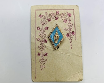 VTG Gold Tone Metal Blue Enamel Miraculous Medal Mary Catholic Lapel Pin M21