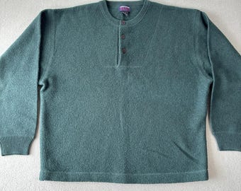 Maglione Henley vintage Christopher Rand 100% lana da uomo, taglia L, verde, minimalista, rustico