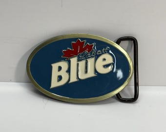 Boucle de ceinture vintage Labatt bleue avec logo Bière de l'an 2000 en métal bleu France