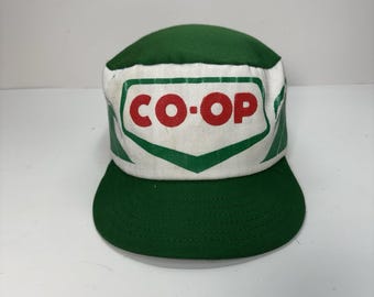 Vintage CO-OP Strapback Cap Green White Farming Agriculture Soft Crown Hat USA