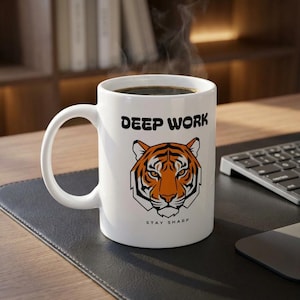 May include: White ceramic mug with the words "DEEP WORK" and "STAY SHARP" printed in black. The mug features a tiger face design in orange, black, and white. The mug is filled with hot coffee, and is sitting on a black surface.