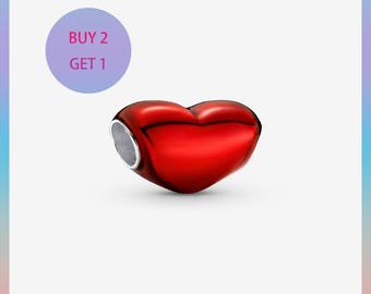 Pingente de coração vermelho metálico, pingentes para pulseira, pingente prateado, pingente Pandora