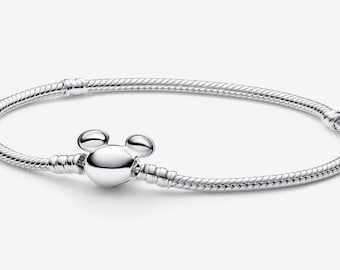 Pulsera de cadena de serpiente con cierre de Mickey Mouse, plata de ley 925