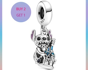 Lilo & Stitch with Disney Castle Dangle Charm,Charms for bracelet,Silver Charm,Pandora Charm