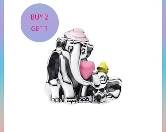 Sterling Silver Dumbo & Mum Heart Charm, Bracelet Charm