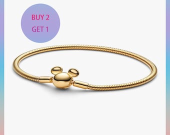 Pulsera de cadena de serpiente con cierre de Mickey Mouse, plata de ley 925