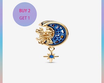 Mickey Mouse & Minnie Mouse Crescent Moon Charm,Charms for bracelet,Silver Charm,Pandora Charm