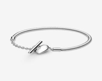 Heart T-Bar Snake Chain Bracelet,925 Sterling Silver