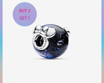 Mickey & Minnie Mouse Blue Murano Glass 925 Sterling Silver Charm