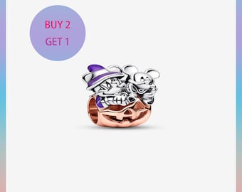 Mickey & Minnie Mouse Halloween Kürbis 925 Sterling Silber Charm Anhänger