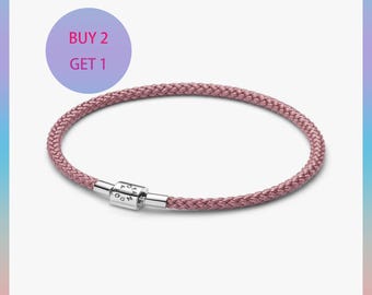 Pulsera de cordón rosa brillante, plata de ley 925