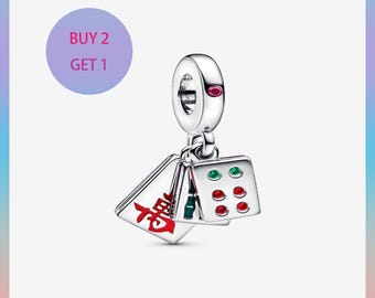 Colgante triple de Mahjong, dijes para pulsera, dije de plata, dije Pandora